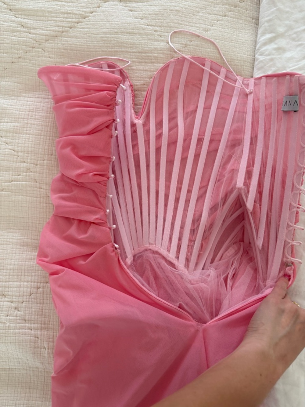 Strapless Pink Corset Ruched Evening Gown with High Slit - Picture 6 of 6